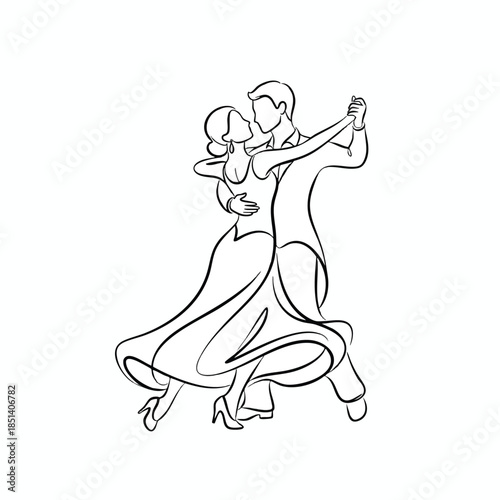 Line drawing shows a couple in ballroom dance pose. Man & woman in formal attire