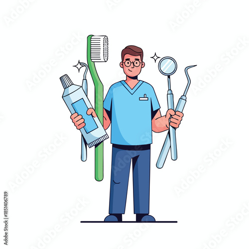 Cartoon dentist holding tools, toothbrush, and toothpaste, shiny effect