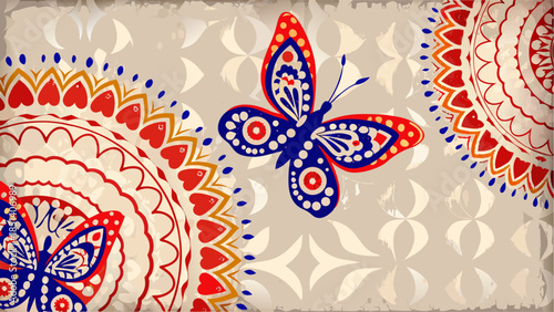 Vibrant butterfly and mandala designs on beige background
