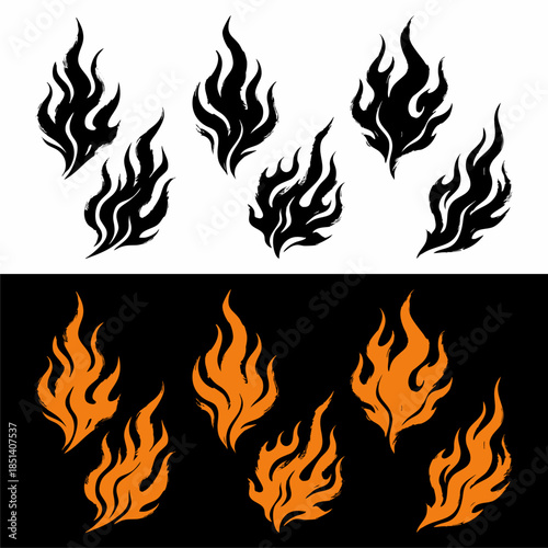 Japanese style black flame illustration, Fire flame ignite collection set art element isolated design editable