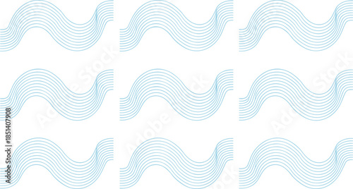 A seamless abstract pattern featuring repeating light blue wavy parallel lines creating a fluid motion aesthetic for decorative backgrounds or textile design on white.