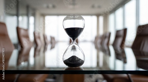 Hourglass with black sand on conference table symbolizing business deadline and time management.