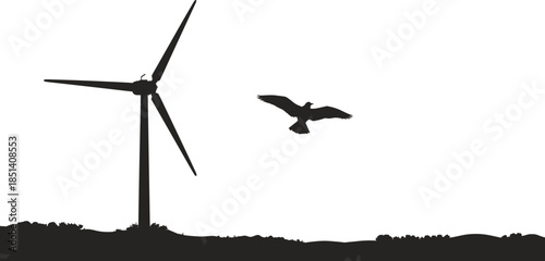Silhouette of wind turbine and flying bird over natural landscape, renewable energy concept with environmental conservation and eco friendly power generation vector illustration