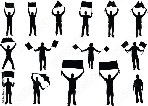 Silhouette people holding flags and banners illustration, protest and demonstration concept, activism, unity, freedom, revolution, support, equality, and political rally vector design