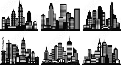 Modern city skyline silhouettes, urban buildings vector set, metropolis skyscraper collection, black town landscape illustration, architecture design elements, isolated graphic, real estate concept.