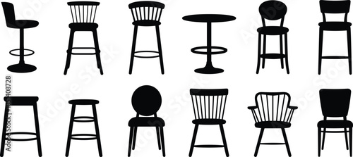 Modern collection of various chair and table silhouettes, furniture design vector illustration, interior decoration concept, home and cafe seating design elements