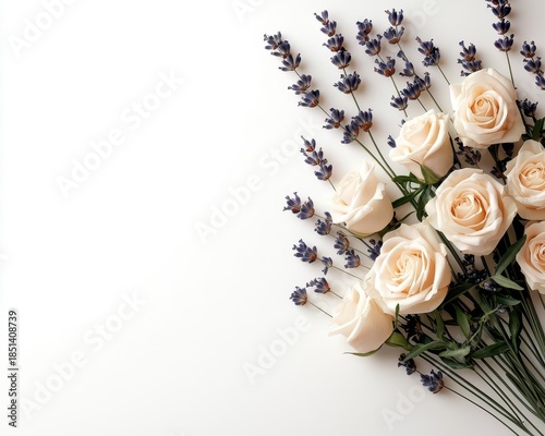 Charming bouquet of ivory roses and lavender sprigs, isolated for a delicate and elegant wedding display