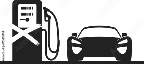 Modern electric car silhouette beside crossed-out fuel pump, vector illustration highlighting clean energy transportation, eco-friendly mobility concept and 