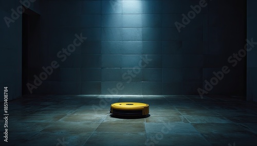 A lone robotic vacuum cleaner rests in the center of a dimly lit, tiled room