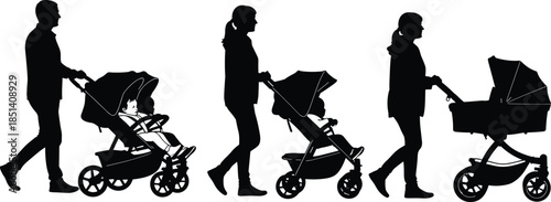 Parents walking with baby stroller silhouettes vector illustration, mother and father pushing pram outdoors, family parenting lifestyle scene, childcare concept, 