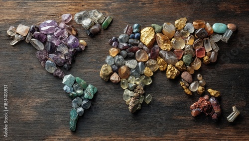 World map crafted from colorful polished gemstones and rough mineral nuggets