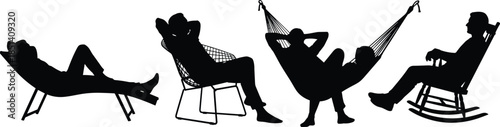 Relaxing people silhouettes vector illustration set, men resting on chairs hammocks and rocking chair poses, leisure lifestyle concept, black shadow figures isolated on white background