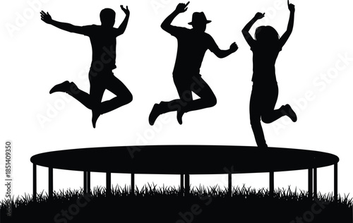 Silhouette people jumping on trampoline, joyful friends having fun outdoors, active lifestyle concept, black vector illustration isolated on white background