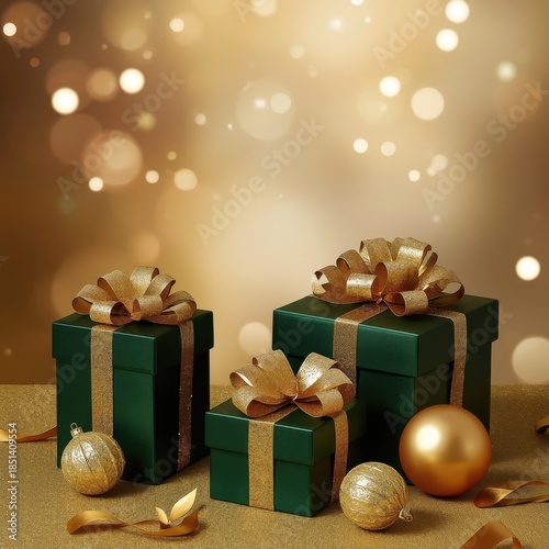 Gifted Elegance: Exquisite Christmas presents, wrapped in deep green, are adorned with shimmering gold ribbons, exuding a luxurious atmosphere perfect for the holiday season.
