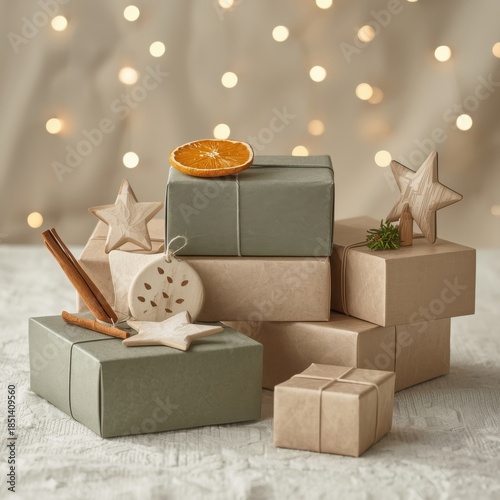 Festive Gift Stacks: Festive stacks of gifts, beautifully wrapped and adorned, evoke the warmth and anticipation of seasonal celebrations, nestled against a backdrop of twinkling lights.