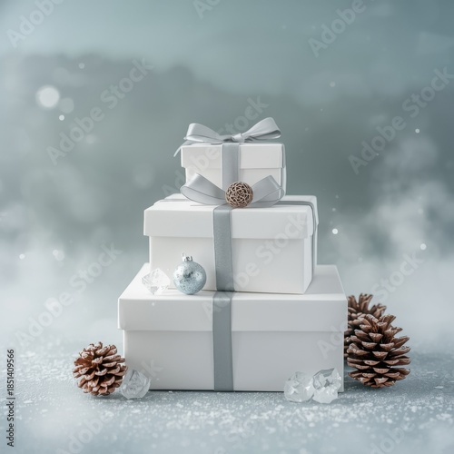 Festive Gift Stack: A beautifully arranged stack of elegant white gift boxes adorned with silver ribbons and festive decorations, creating a sense of anticipation and celebration. 