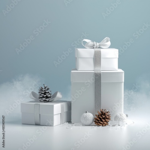 Holiday Gifting: An elegant array of pristine gifts, meticulously wrapped and adorned with delicate ribbons and charming ornaments, create a festive scene for celebration.