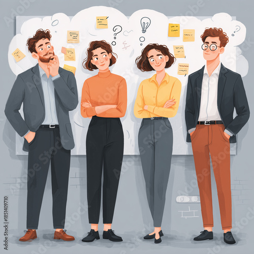 A group of four people are standing in front of a whiteboard with a lot of notes on it. They are all dressed in business attire and appear to be brainstorming ideas. Scene is focused and collaborative