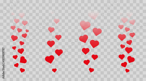 Social media likes flying up for stories and live streams. Heart icons for social media UI. Vector illustration isolated on transparent background. Digital marketing, engagement and feedback concept.