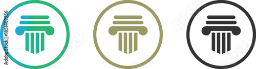 Set of three architectural pillar icons in circular frames featuring green gold and black colors for law and history