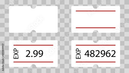 Self-adhesive price tag, blank white label with two red stripes, designed for pricing and expiration dates. Vector illustration of a versatile sticker