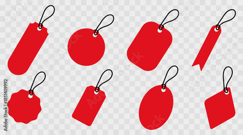 Red price tag templates a set of empty vector price tags and labels in PNG format. Customizable paper discount tags with a transparent background, perfect for retail, promotions, and printable designs