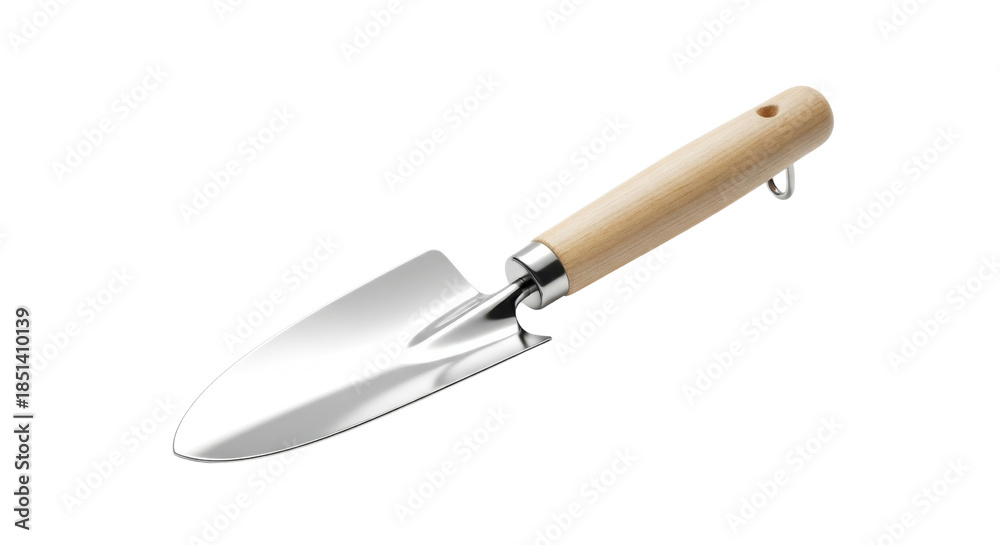 Fototapeta premium Metal garden trowel with wooden handle and hanging loop on black background tool steel, Isolated On Png Transparent Background