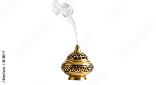 Ornate Golden Incense Burner with Swirling White Smoke on Black image, Isolated On Png Transparent Background