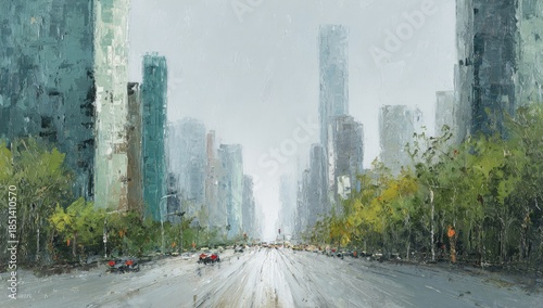 Impressionistic cityscape with wet street, traffic, and foliage