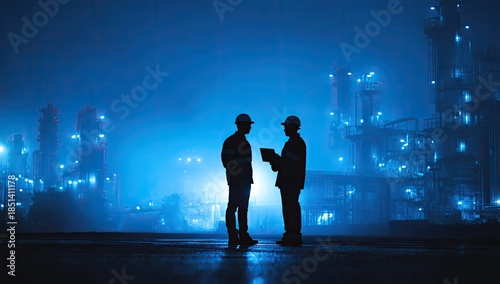 Two silhouettes in hard hats confer at an illuminated industrial complex at night