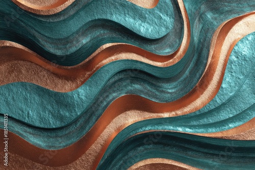 Textured, undulating waves of teal and copper create a luxurious, modern abstract