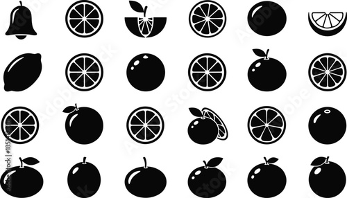 Minimal black fruit icons collection featuring citrus slices, whole fruits, simple silhouettes, clean geometric shapes, perfect for modern vector illustration design and digital graphic projects