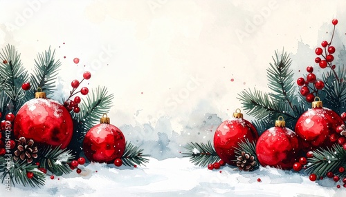 Festive Christmas Ornament: A watercolor artistry that presents a serene view of the winter holiday season, with red spheres nestled amidst verdant pine boughs.