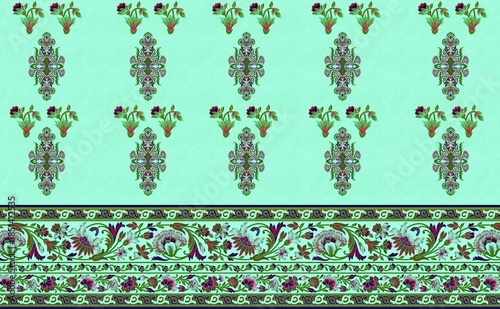 Decorative Mint Green Textile Print with Repeated Floral Motifs and an Elaborate Traditional Ornate Border