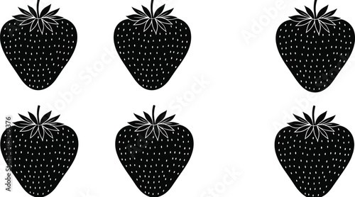 Minimal black strawberry silhouette icon set featuring simple shapes, clean vector details, repeating fruit patterns, perfect for modern graphic design and digital illustration projects