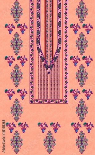 Elegant Peach Textile Print with Ornate Purple and Green Floral Neckline Pattern for Traditional Ethnic Apparel