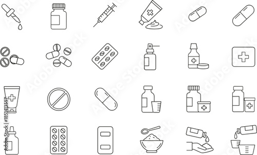 A comprehensive collection of black line icons featuring pharmaceutical supplies medical bottles pills capsules syringes and first aid equipment isolated on white background.
