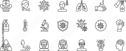 A comprehensive collection of black line icons focused on virus prevention healthcare safety measures medical research laboratory testing