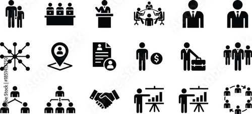 A professional collection of black silhouette icons featuring human resources management leadership teamwork business meetings