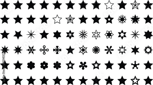 A massive collection of black star icons featuring various designs including five pointed stars six pointed shapes decorative spark symbols