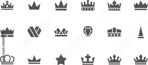 A professional collection of gray royal crown icons and luxury symbols featuring various tiara designs a diamond gemstone