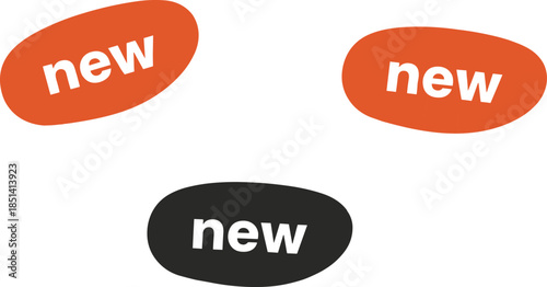 A set of three modern flat design stickers featuring the word new in white typography on organic red and black oval shapes isolated on white background.