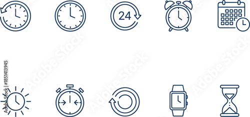 A professional set of ten minimalist blue line icons representing time including clocks, a stopwatch, calendar, hourglass, and smartwatch on white background.