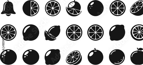 Minimalist citrus and fruit silhouette icons set featuring oranges, lemons, limes, slices, whole fruits, clean black designs, perfect for modern vector illustration projects