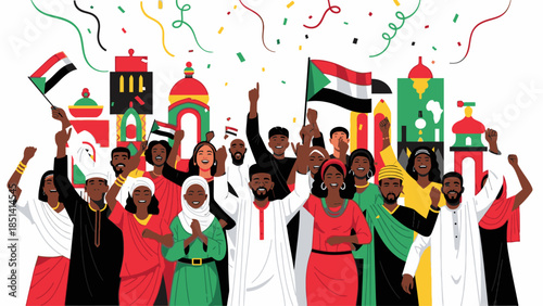 Diverse group of people celebrating with Sudanese flags and traditional clothing in a colorful festive scene with confetti.