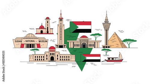 Illustration of Sudan featuring iconic landmarks and buildings in a stylized map with national flags and symbols.