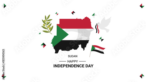 Graphic illustration of Sudan map with flag and Independence Day message on white background with confetti