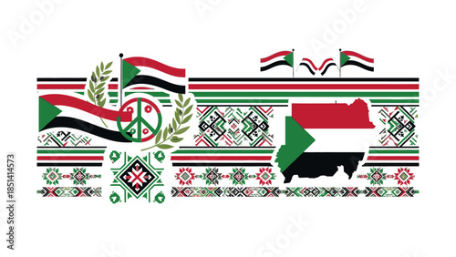Vibrant illustration of the Sudanese flag and map surrounded by traditional African patterns and peace symbols on a white background with red, green, and black colors.