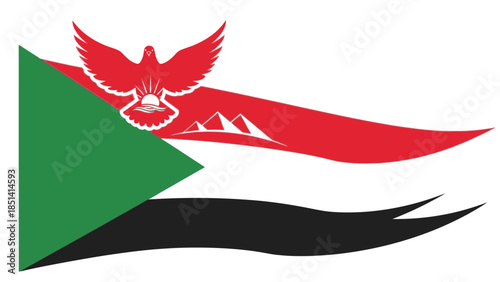 Flag of Sudan with a red bird emblem on a white background, featuring green and black wavy stripes.