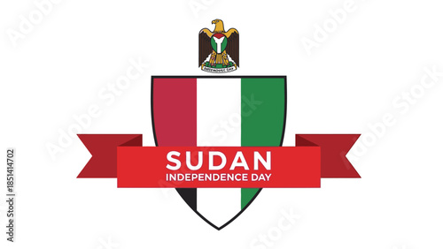Graphic design of a shield with the Sudanese flag and a red banner reading 'Sudan Independence Day' on a white background.